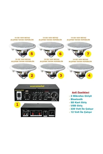 Tavan Hoparlör Seti (1 Adet Anfi + 6 Adet 100V 16 cm Tavan Hoparlör) ürün görseli 1