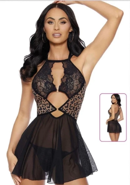 FOR DREAMS KADIN DANTELLİ TÜLLÜ ETEKLİ LEOPAR DESENLİ GECELİK ürün görseli 1