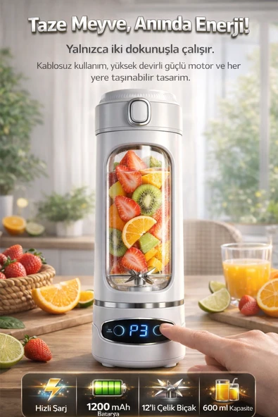 Modern Tasarımlı Hızlı Şarj Özellikli Kişisel Blender Yüksek Devirli 12 Bıçaklı Kablosuz Mini Blender Vitaminleri Koruyan Güçlü Performans ürün görseli 1
