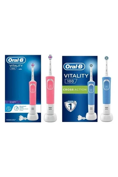 Oral-B D100 3D White Pembe Şarjlı Diş Fırçası + Cross Vitality Mavi Şarjlı Diş Fırçası ürün görseli 1