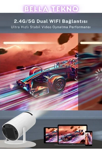 Dahili hoparlörlü, Android sistemli, USB ve HDMI girişli mini ev sinema projektörü ürün görseli 1