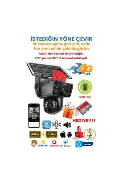Kadraj Solar Panelli Güneş Enerjili Sim Kartlı 4g 6 mp Çift Lensli Ptz Güvenlik Kamerası - Hareket Algılama 128 GB Sd Kart ürün görseli 1