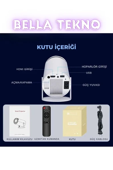 Taşınabilir Mini Projektör, Hoparlörlü, Wifi Özellikli, Android Sistemli, Beyaz ürün görseli 1