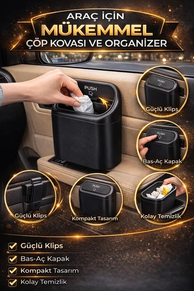 Kapaklı Araç İçi Çöp Kutusu Siyah – Klipsli Oto Organizer Mini Çöp Kovası 15.5x14 cm ürün görseli 1