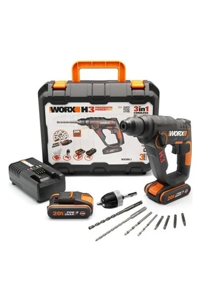 Worx WX390.1 20VOLT 2.0AH. Li-Ion 1.2j Profesyonel Sds-Plus Pnömatik Çift Akülü Şarjlı Matkap + 8 Adet Uç + Mandren ürün görseli 1