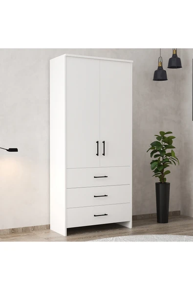 Serçedesign 2 Kapaklı 3 Çekmeceli Beyaz Gardırop – Modern ve Kullanışlı Çok Amaçlı Dolap (80x38x182 cm) ürün görseli 1