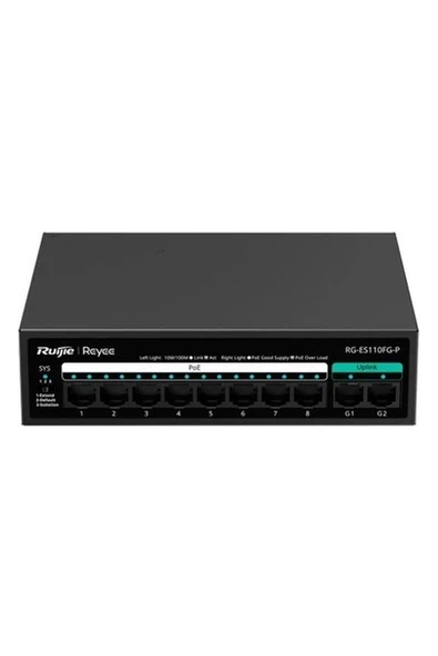 Reyee RG-ES110FG-P 10 Portlu, 10/100 Fast Ethernet, Tak Çalıştır Switch, 2 Gigabit Uplink, 8 Port Poe+ (110W) ürün görseli 1