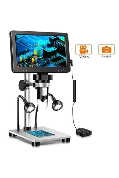 DM9 7\" LCD Dijital Mikroskop 1200X, 1080P Kumanda+Ledli Stand Set ürün görseli 1