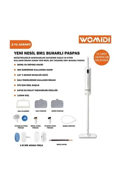Womidi Bm1 Çok Fonksiyonlu 13 Parça Buharlı Dikey Paspas ve Temizleyici - Dijital Buharlı Temizlik Makinası ürün görseli 1
