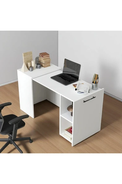 Serçedesign Minimalist Tasarım Beyaz Katlanabilir Çalışma Masası Raflı & Ergonomik ürün görseli 1