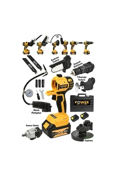 Power Black 6 Lı Pro Set Tilki Kuyruğu Taşlama Somun Sökme Havalı Pompa Şarjlı Matkap Testere Sarı ürün görseli 1