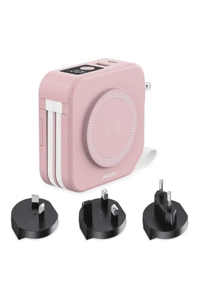 Philips DLP4347CP/00 Çok Fonksiyonlu Standlı 10.000 Mah Dahili Usb-C ve Lightning Kablolu Magsafe Hızlı Şarj Powerbank 1xusb-A, 1xusb-C, Seyehat Duvar Şarj Cihazı, Pembe ürün görseli 1