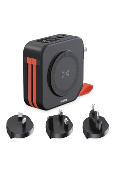 Philips DLP4347CB/00 Çok Fonksiyonlu Standlı 10.000 Mah Dahili Usb-C ve Lightning Kablolu Magsafe Hızlı Şarj Powerbank 1xusb-A, 1xusb-C, Seyehat Duvar Şarj Cihazı, Siyah ürün görseli 1