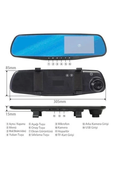 BTM Otomotiv Araba Dijital Video Kaydedici 4.3 Inch Dikiz Aynalı Çift Kameralı Kayıt Cihazı Ön ve Arka Görüş ürün görseli 1