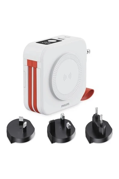 Philips DLP4347CW/00 Çok Fonksiyonlu Standlı 10.000 Mah Dahili Usb-C ve Lightning Kablolu Magsafe Hızlı Şarj Powerbank 1xusb-A, 1xusb-C, Seyehat Duvar Şarj Cihazı, Beyaz ürün görseli 1