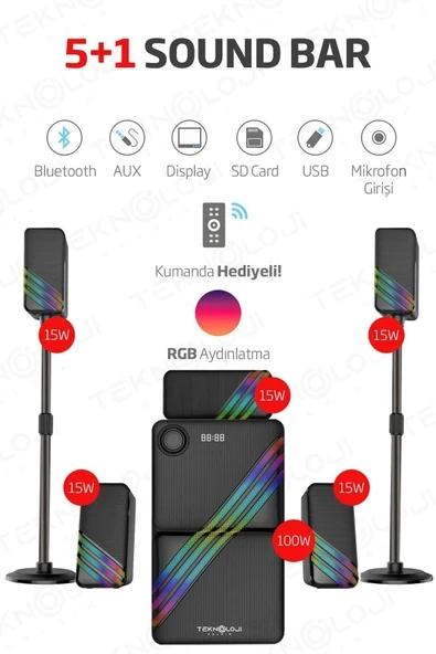 HP-TV03 5+1 Soundbar Ev Sinema Sistemi Stereo Hd Ses Rgb Kablolu 100 Watt AMFİ 15WX5 SOUNDBAR ürün görseli 1