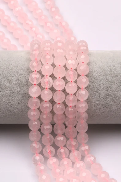 Pembe Kuvars Doğal Taş Dizi 8 mm Fasetli Küre Kesim - DZ-0829 ürün görseli 1