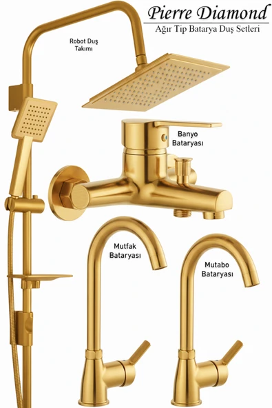 Lüks Banyo Lavabo Mutfak Bataryası ve Robot Duş Takımı Gold Renk ürün görseli 1