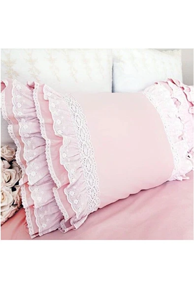 Pembe Fırfırlı Gübürlü Yastık Kılıfı ürün görseli 1