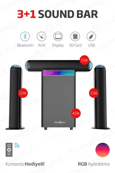 HP-TV01 3+1 Soundbar Ev Sinema Sistemi Stereo Hd Ses Kalitesi Rgb Kablolu 45W AMFİ 15WX3  SOUNDBAR ürün görseli 1