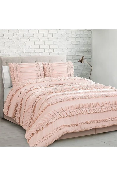 Pembe Fırfırlı Nevresim Takımı Çift Kişilik Pamuk Saten ürün görseli 1