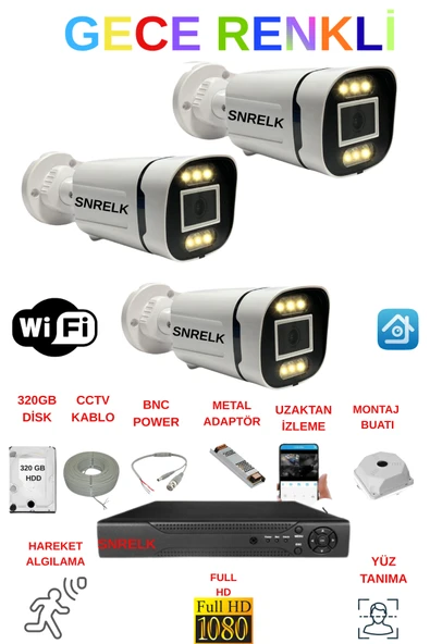 SNRELK Full Hd Dış Mekan Gece Renkli 3'Lü 320 Gb Hdd Güvenlik Kamera Seti ürün görseli 1
