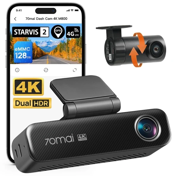 70mai M800 Arabalar için 4K Araç Kamerası Ön ve Arka, STARVIS 2 IMX678 Süper Gece Görüşü ve F1.7 Diyafram, Çift HDR, 4G LTE ve 5GHz Wi-Fi, Dahili 128GB eMM... ürün görseli 1