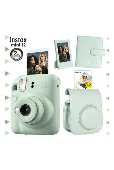 Fujifilm Instax Mini 12 Yeşil Fotoğraf Makinesi-20'li Film-Çerçeve-Kare Albüm ve Deri Kılıf Seti ürün görseli 1