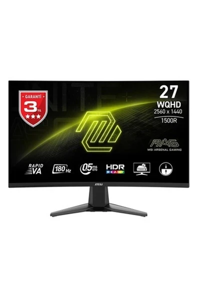 MSI 27" MAG 27CQ6F 2560x1440 (WQHD) 16:9 CURVE 1500R RAPID VA 180HZ 0.5MS GTG FREESYNC GAMING MONITOR ürün görseli 1