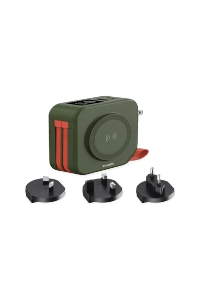 Philips DLP4347CG/00 Çok Fonksiyonlu Standlı 10.000 Mah Dahili Usb-C ve Lightning Kablolu Magsafe Hızlı Şarj Powerbank 1xusb-A, 1xusb-C, Seyehat Duvar Şarj Cihazı, Yeşil ürün görseli 1