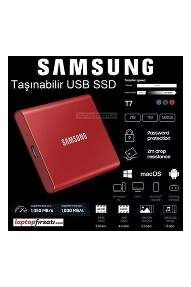 Samsung T7 2tb MU-PC2T0R/WW 1050MB-1000MB/SN USB 3.2 Gen2 Harici SSD Kırmızı 3 Yıl Samsung Turkıye Garantili ürün görseli 1