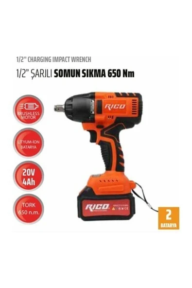 Rico Akülü Somun Sıkma Sökme Çift Akü 20 V 4 Ah 650 Nm Tork 1''2 Rico ürün görseli 1