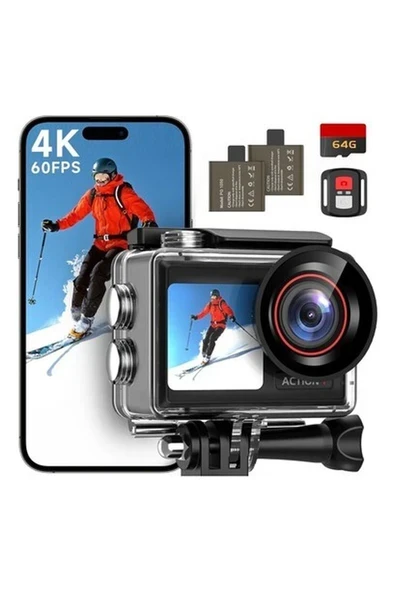 Action Cam 4K 60FPS, 40M Su Geçirmez, 30MP, Çift Ekran, 64GB Kart, Wifi, Uzaktan Kumanda ürün görseli 1