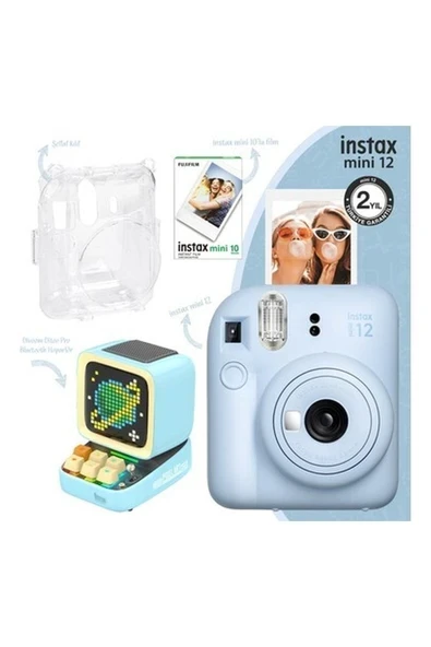 Instax Mini 12 Mavi Fotoğraf Makinesi-10'lu Film-Şeffaf Kılıf ve Divoom Ditoo Pro Mavi Uyarlanabilir Piksel Ekranlı Bluetooth Hoparlör ürün görseli 1