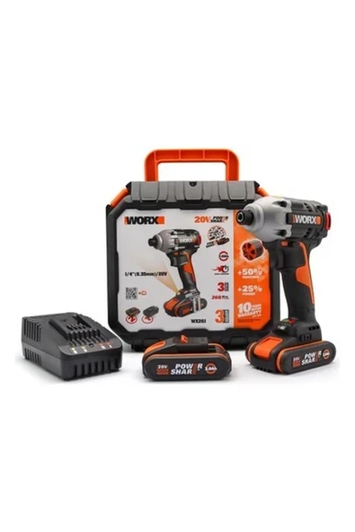 Worx WX261 20 Volt 2.0AH. Li-Ion Çift Akülü 260 Nm Kömürsüz  Şarjlı Darbeli Tornavida ürün görseli 1