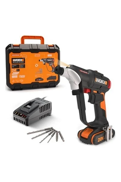 Worx WX177 20VOLT/2.0AH Li-Ion Döner Kafa ve Çift Mandrenli Profesyonel Kömürsüz Şarjlı Matkap + 6 Parça Uç ürün görseli 1