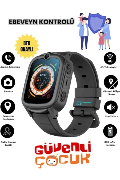 4G Çocuk Akıllı Saat, Türkçe Dil, GPS Takip, Arama ve Konuşma Özellikli Siyah ürün görseli 1