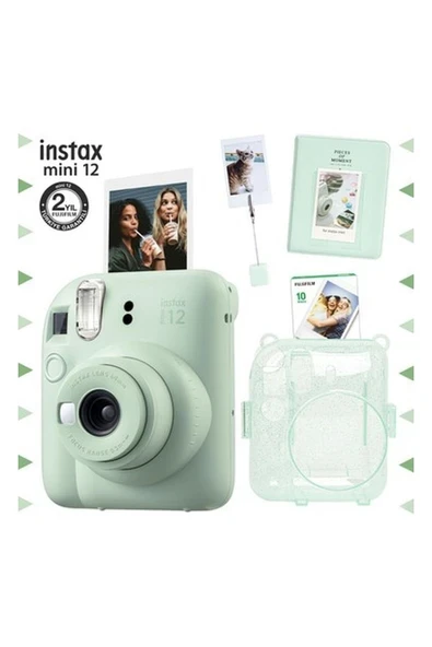 Fujifilm Instax Mini 12 Yeşil Fotoğraf Makinesi - 10'lu Film - Kıskaçlı Stand - Pvc Albüm ve Simli Pleksi Kılıf Seti ürün görseli 1