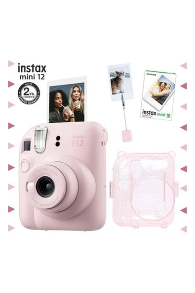 Fujifilm Instax Mini 12 Pembe Fotoğraf Makinesi - 10'lu Film - Kıskaçlı Resim Standı ve Simli Pleksi Kılıf Seti ürün görseli 1