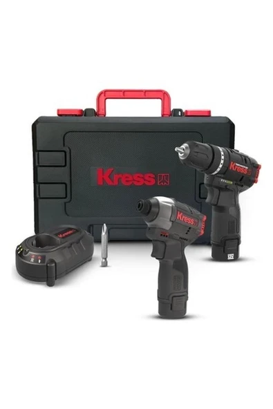 Kress KUG02 12VOLT/2.0AH. Li-Ion Çift Akülü Kömürsüz Profesyonel Şarjlı Darbeli Matkap + Kömürsüz Darbeli Tornavida Kombo Set ürün görseli 1