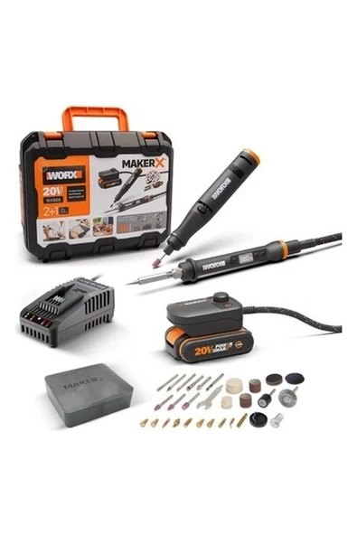Worx WX988 Makerx 20VOLT 2.0AH. Kömürsüz Profesyonel Kalem Tipi Devir Ayarlı Gravür Seti + Kalem Tipi Dijital Lehim ve Ahşap Yakma Seti + 46 Parça Aksesuar ürün görseli 1