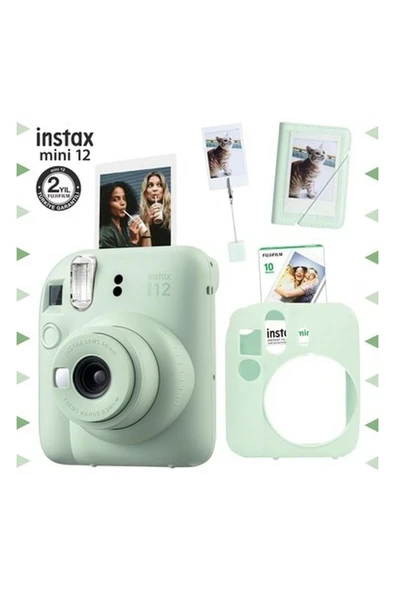 Fujifilm Instax Mini 12 Yeşil Fotoğraf Makinesi - 10'lu Film - Kıskaçlı Stand - Mini Albüm ve Silikon Kılıf Seti ürün görseli 1