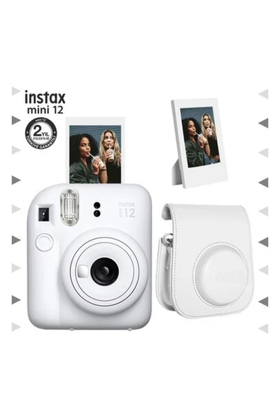 Instax Mini 12 Beyaz Fotoğraf Makinesi-Çerçeve ve Deri Kılıf Seti ürün görseli 1