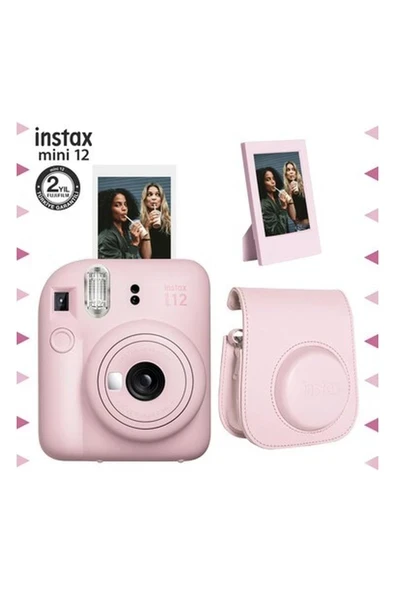 Fujifilm Instax Mini 12 Pembe Fotoğraf Makinesi-Çerçeve ve Deri Kılıf Seti ürün görseli 1
