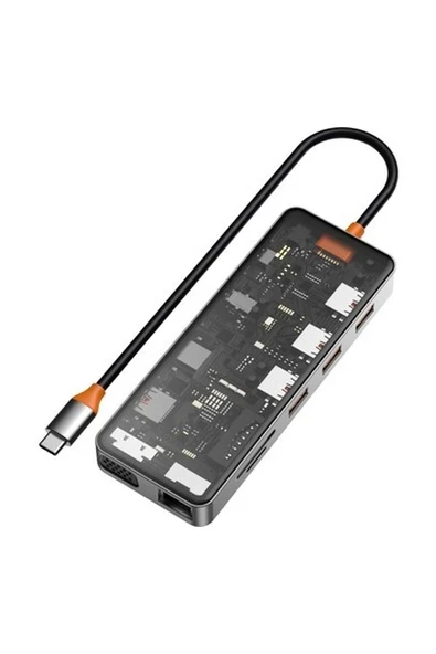 Wiw Wiwu CB011 Cyber 11 In 1 Type-C Hub 100W Şarj Destekli Şeffaf Sd KART-RJ45-HDMI-VGA-USB Çoğaltıcı ürün görseli 1