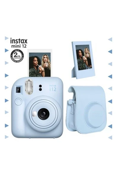 Fujifilm Instax Mini 12 Mavi Fotoğraf Makinesi-Çerçeve ve Deri Kılıf Seti ürün görseli 1