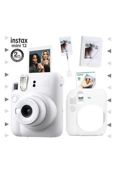 Fujifilm Instax Mini 12 Beyaz Fotoğraf Makinesi - 10'lu Film - Kıskaçlı Stand - Mini Albüm ve Silikon Kılıf Seti ürün görseli 1