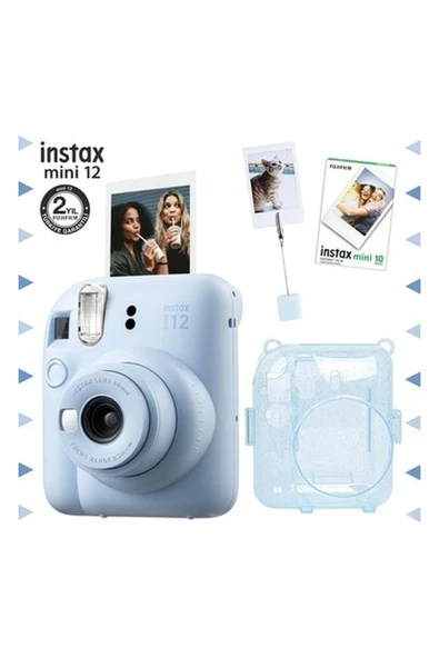 Fujifilm Instax Mini 12 Mavi Fotoğraf Makinesi - 10'lu Film - Kıskaçlı Resim Standı ve Simli Pleksi Kılıf Seti ürün görseli 1