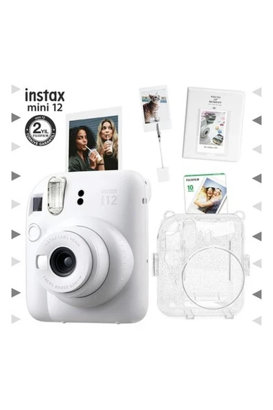 Fujifilm Instax Mini 12 Beyaz Fotoğraf Makinesi - 10'lu Film - Kıskaçlı Stand - Pvc Albüm ve Simli Pleksi Kılıf Seti ürün görseli 1