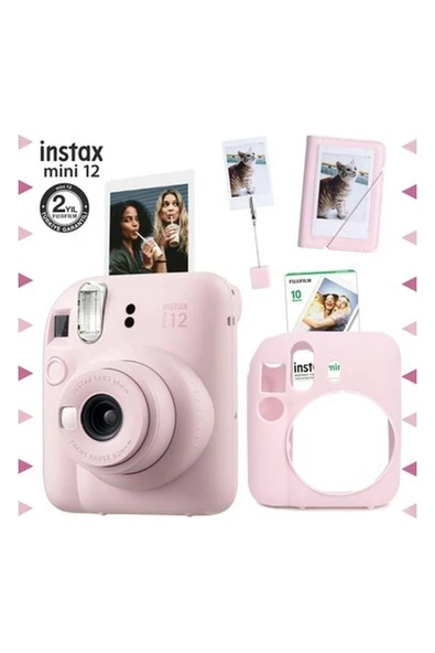 Fujifilm Instax Mini 12 Pembe Fotoğraf Makinesi - 10'lu Film - Kıskaçlı Stand - Mini Albüm ve Silikon Kılıf Seti ürün görseli 1